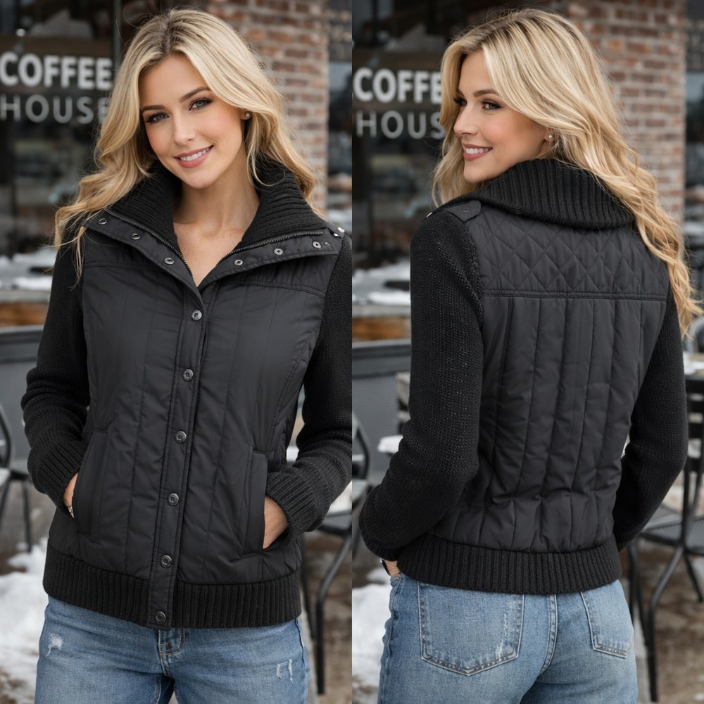 BCBGMaxAzria Black Puffer Sweater Jacket Ribbed Knit Collared Winter Coat XS